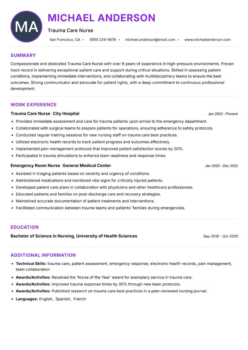 Trauma Care Nurse Resume Preview Example