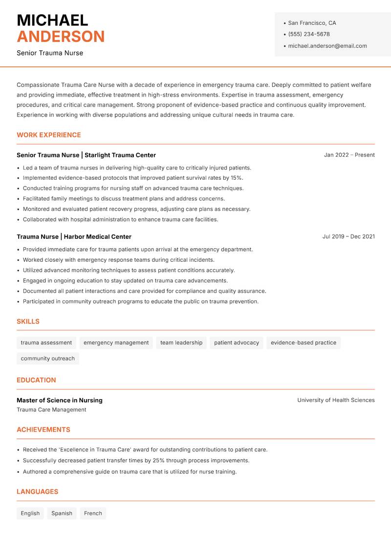 Trauma Care Nurse Resume Template