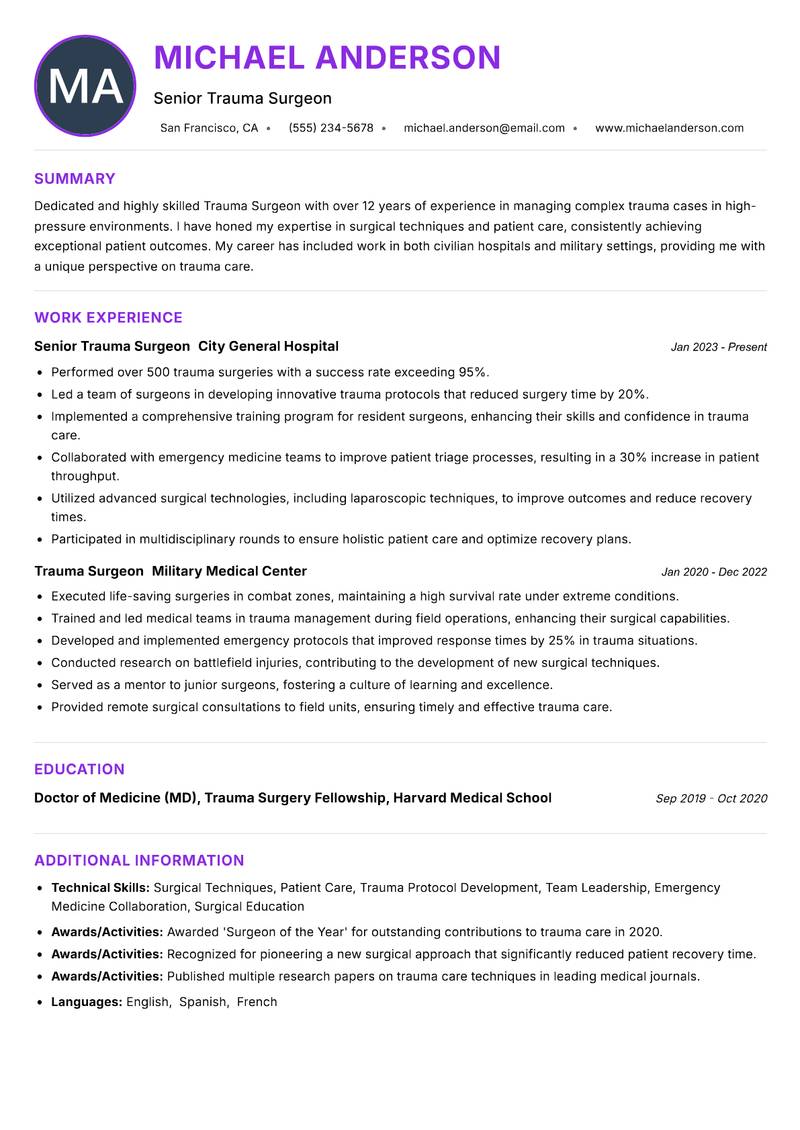 Trauma Surgeon Resume Preview Example