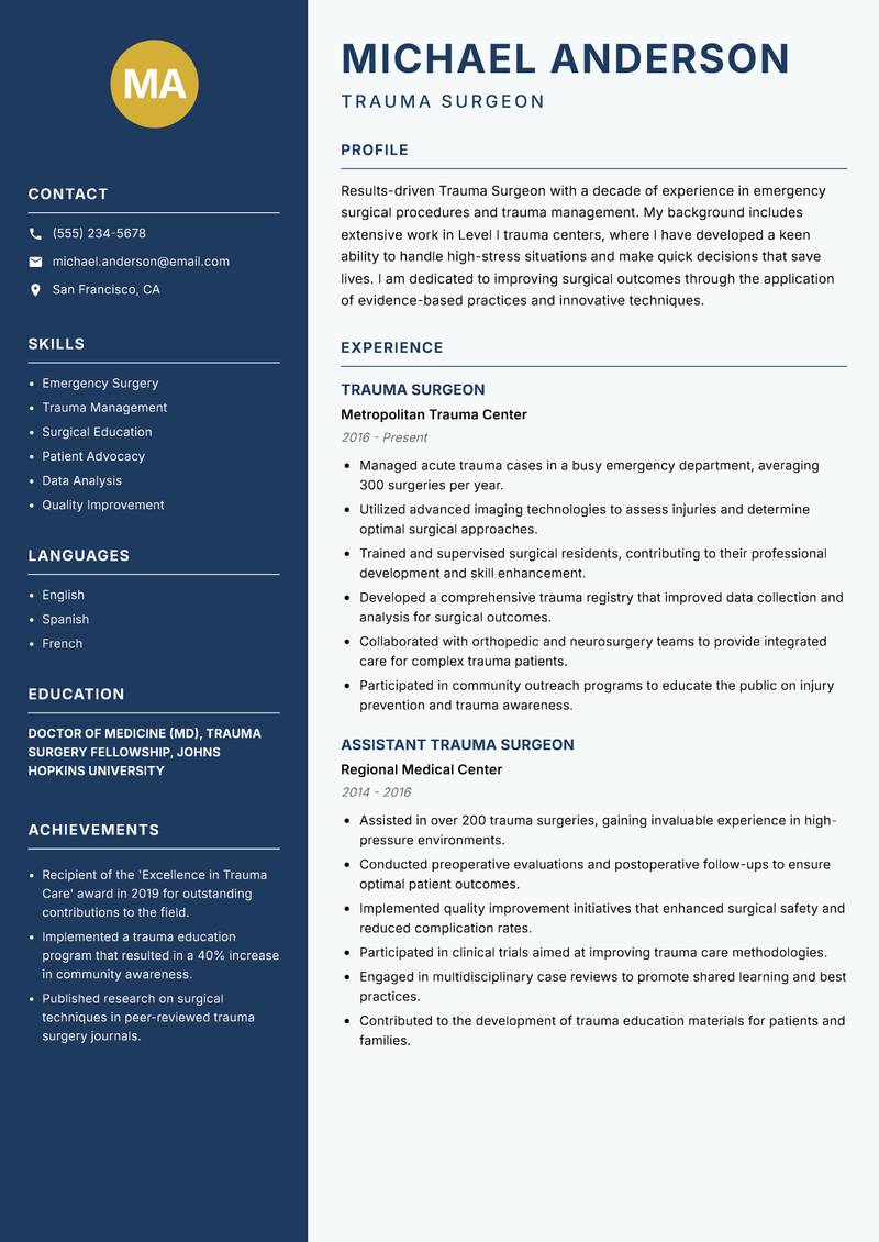 Trauma Surgeon Resume Preview Example