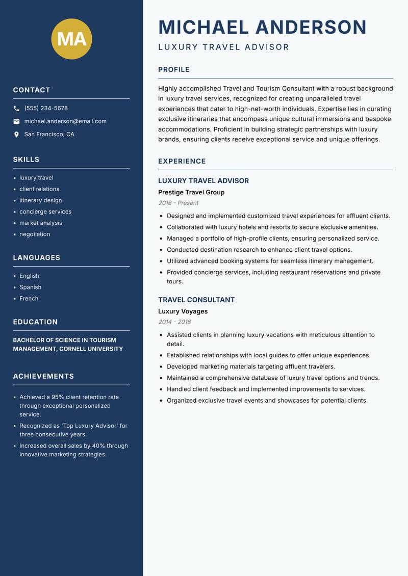 Travel and Tourism Consultant Resume Preview Example