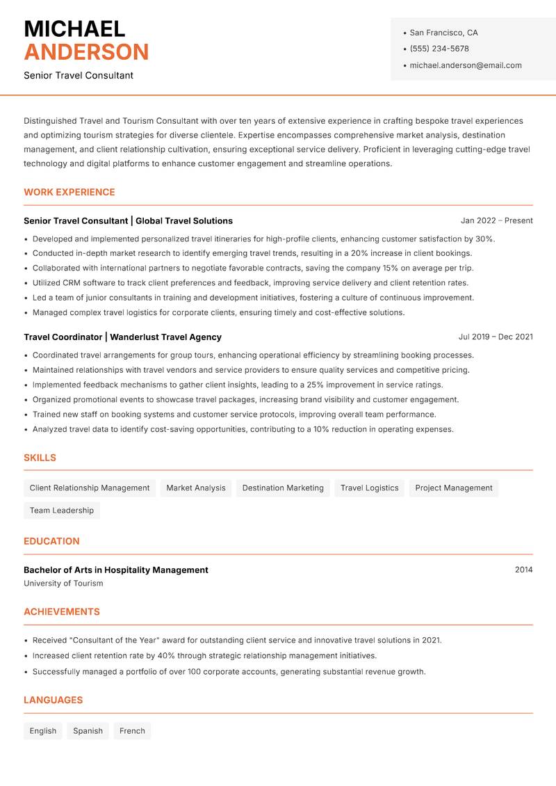 Travel and Tourism Consultant Resume Template