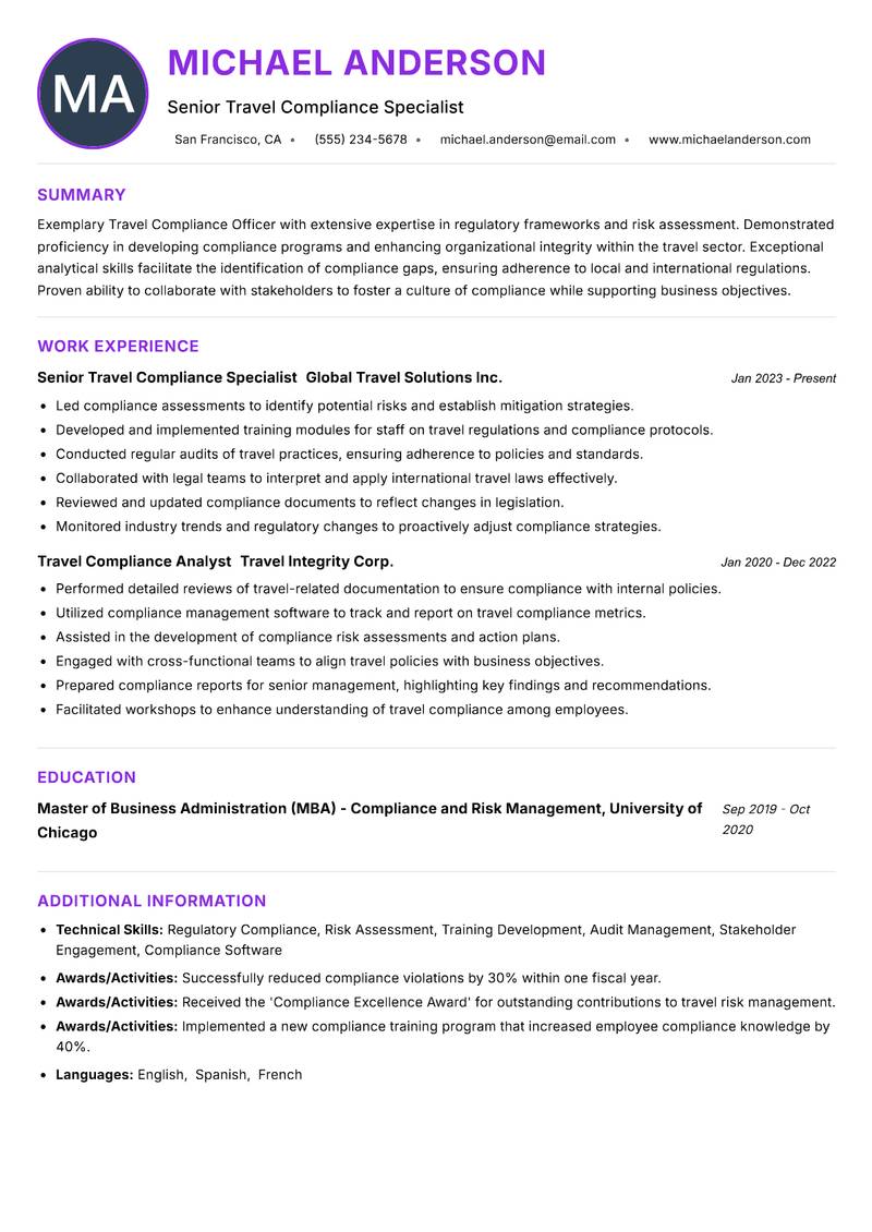 Travel Compliance Officer Resume Preview Example