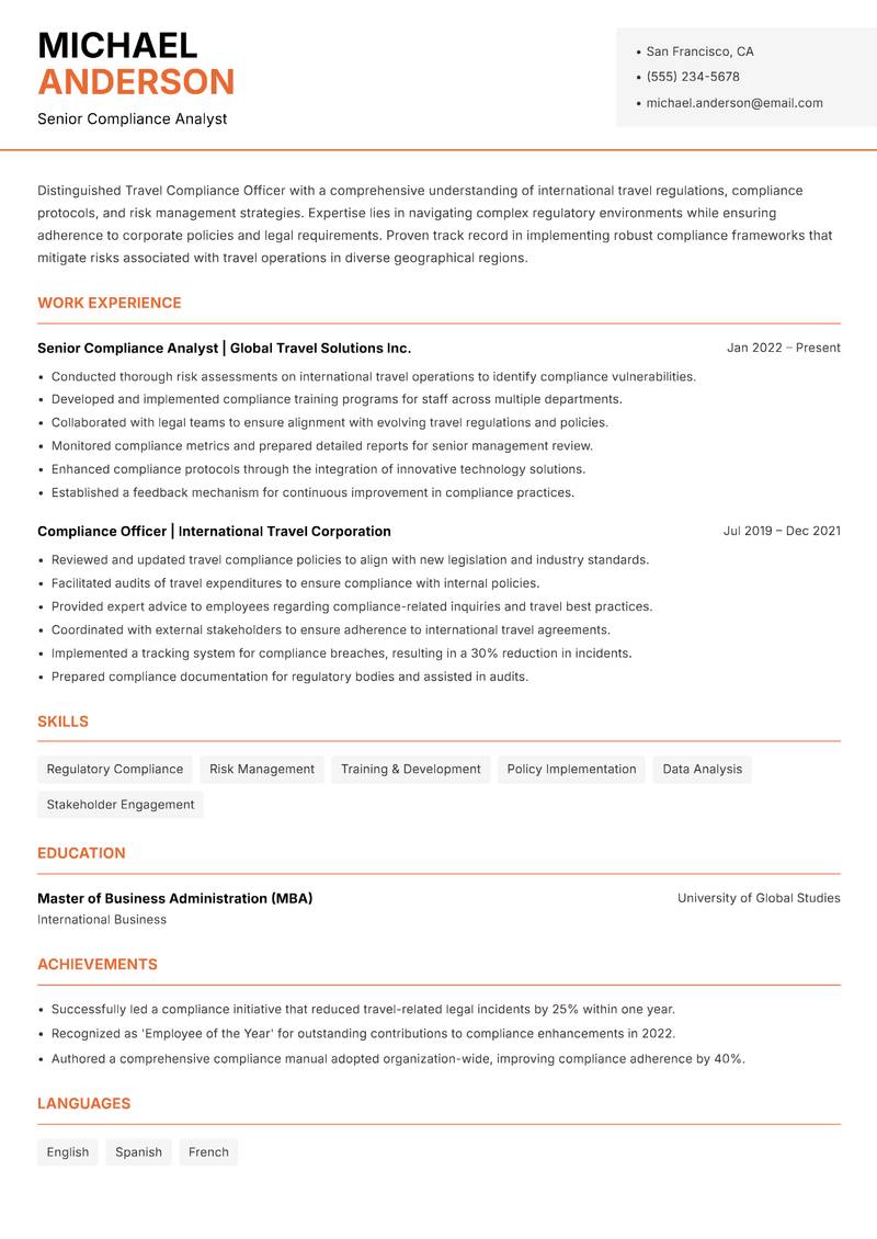 Travel Compliance Officer Resume Template
