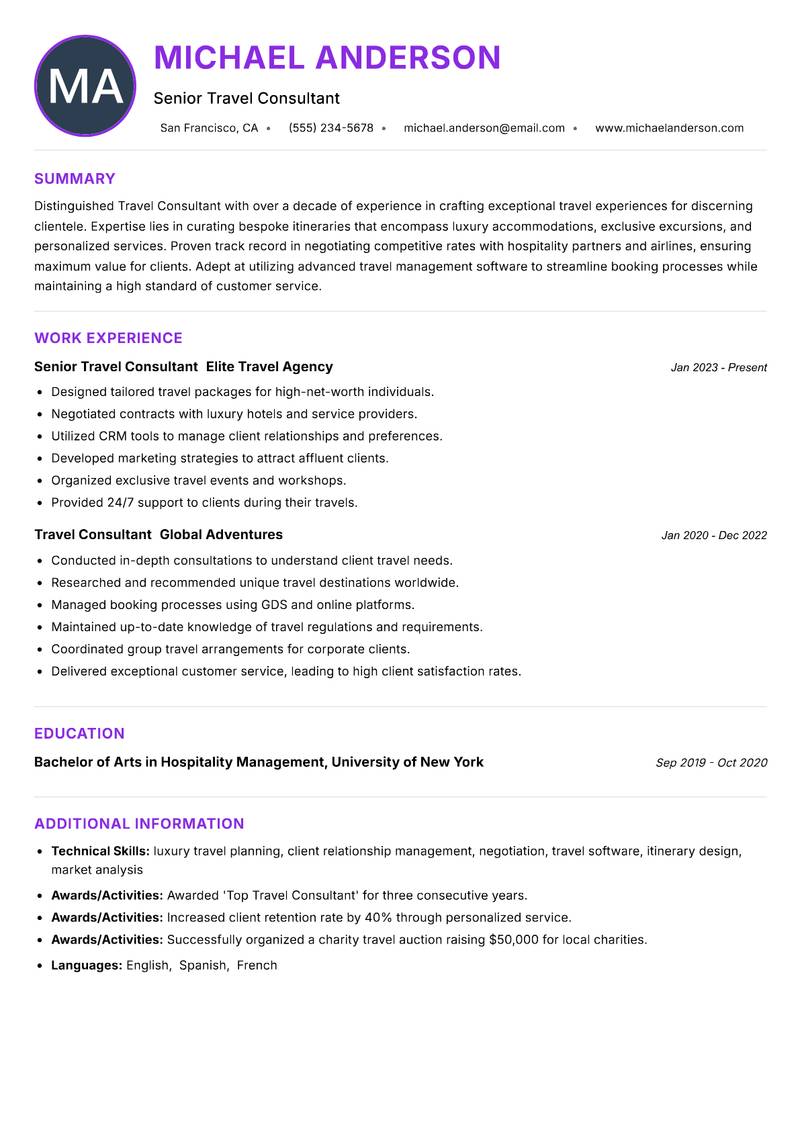 Travel Consultant Resume Preview Example