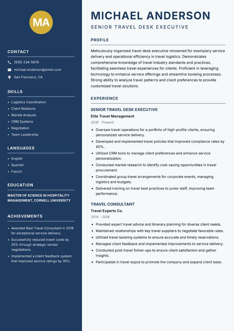 Travel Desk Executive Resume Preview Example