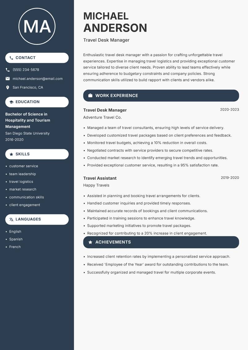 Travel Desk Manager Resume Preview Example