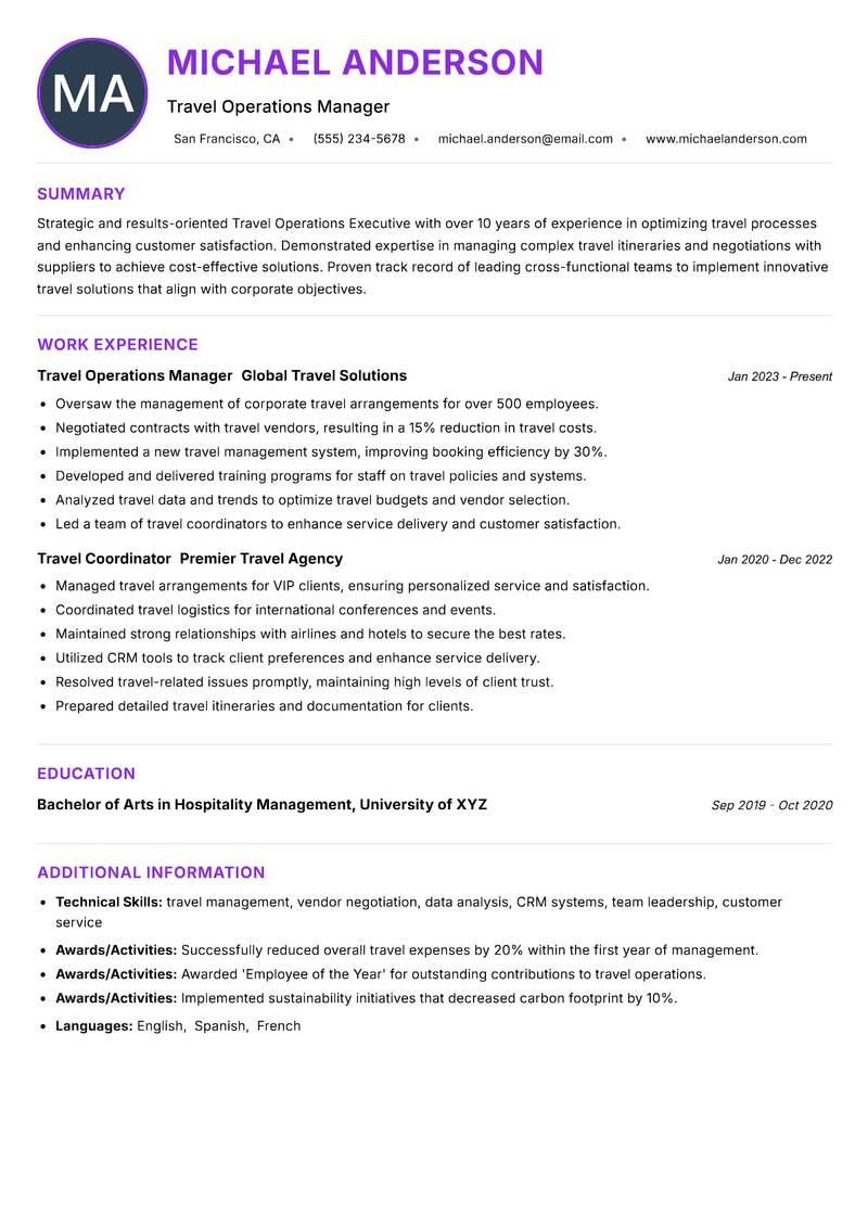 Travel Operations Executive Resume Preview Example