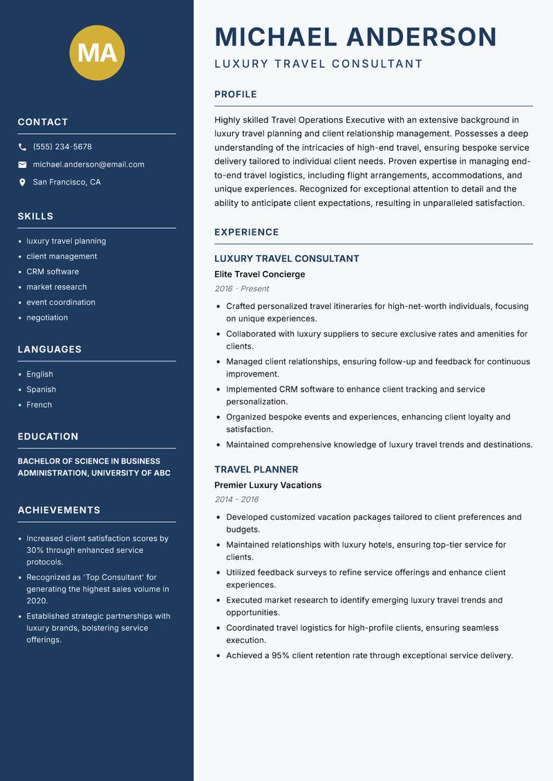 Travel Operations Executive Resume Preview Example
