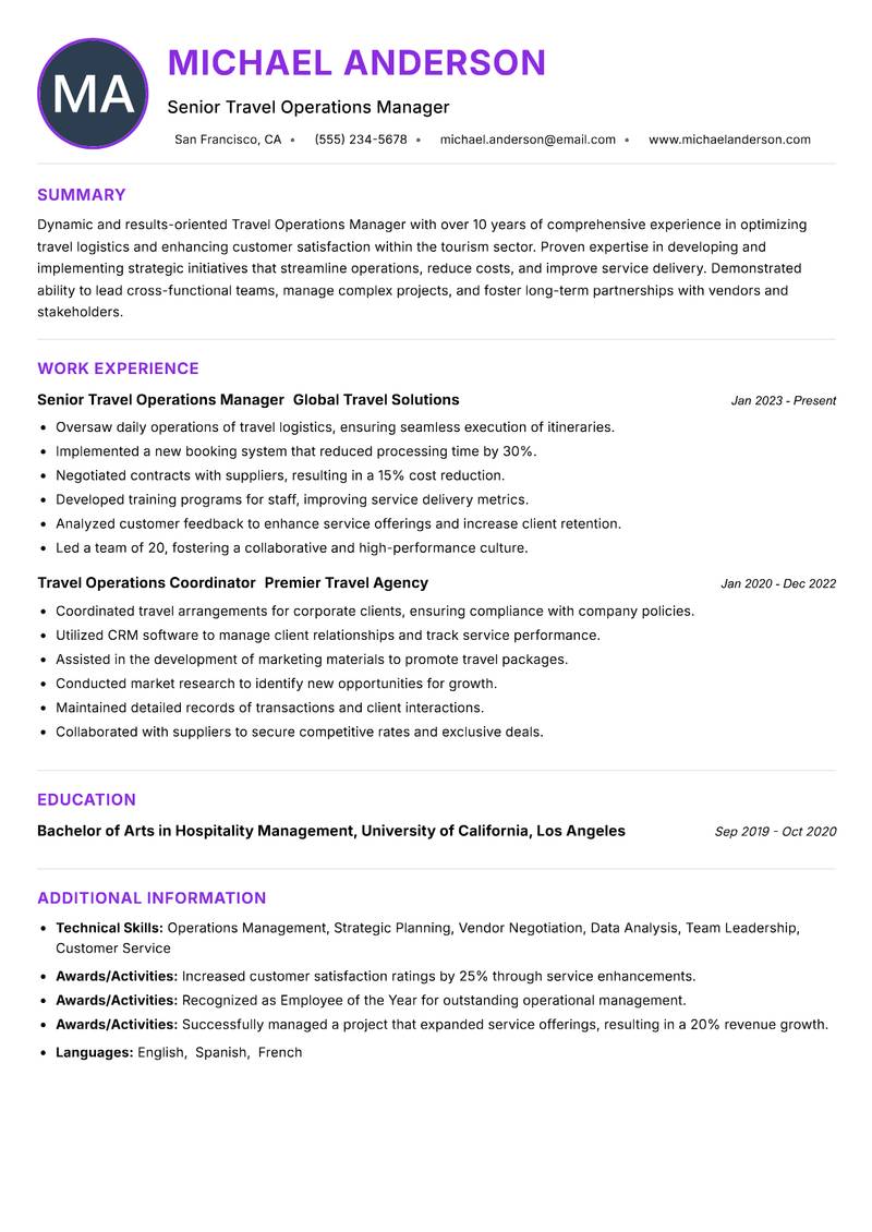 Travel Operations Manager Resume Preview Example