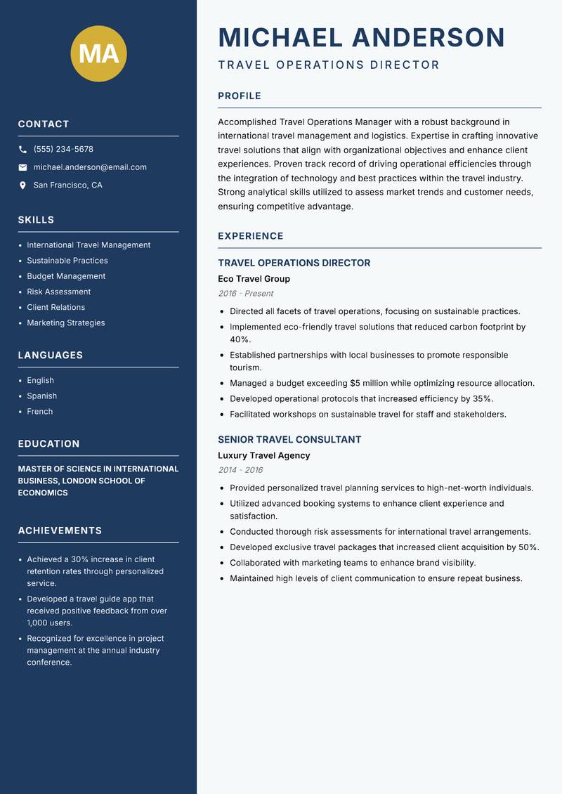 Travel Operations Manager Resume Preview Example