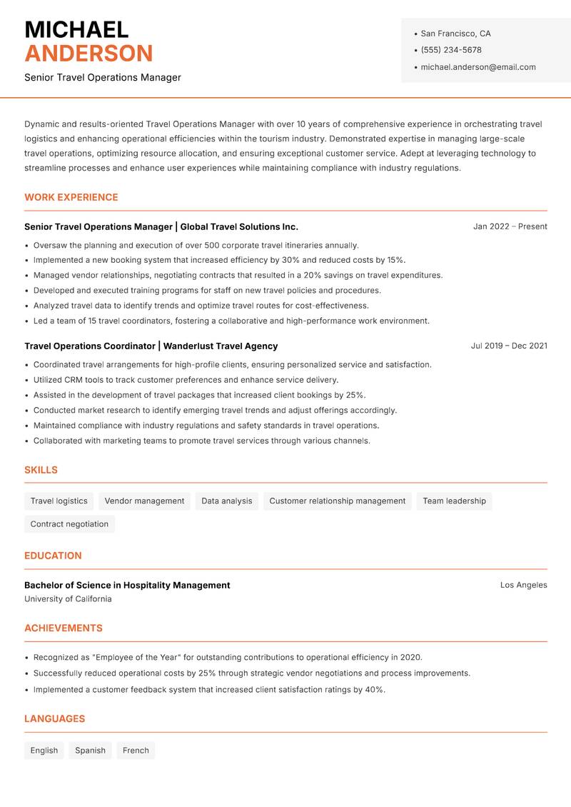 Travel Operations Manager Resume Template