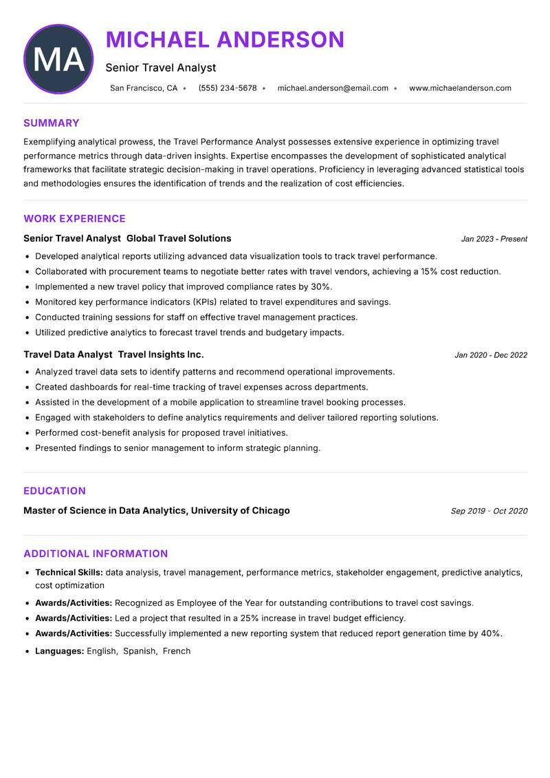 Travel Performance Analyst Resume Preview Example