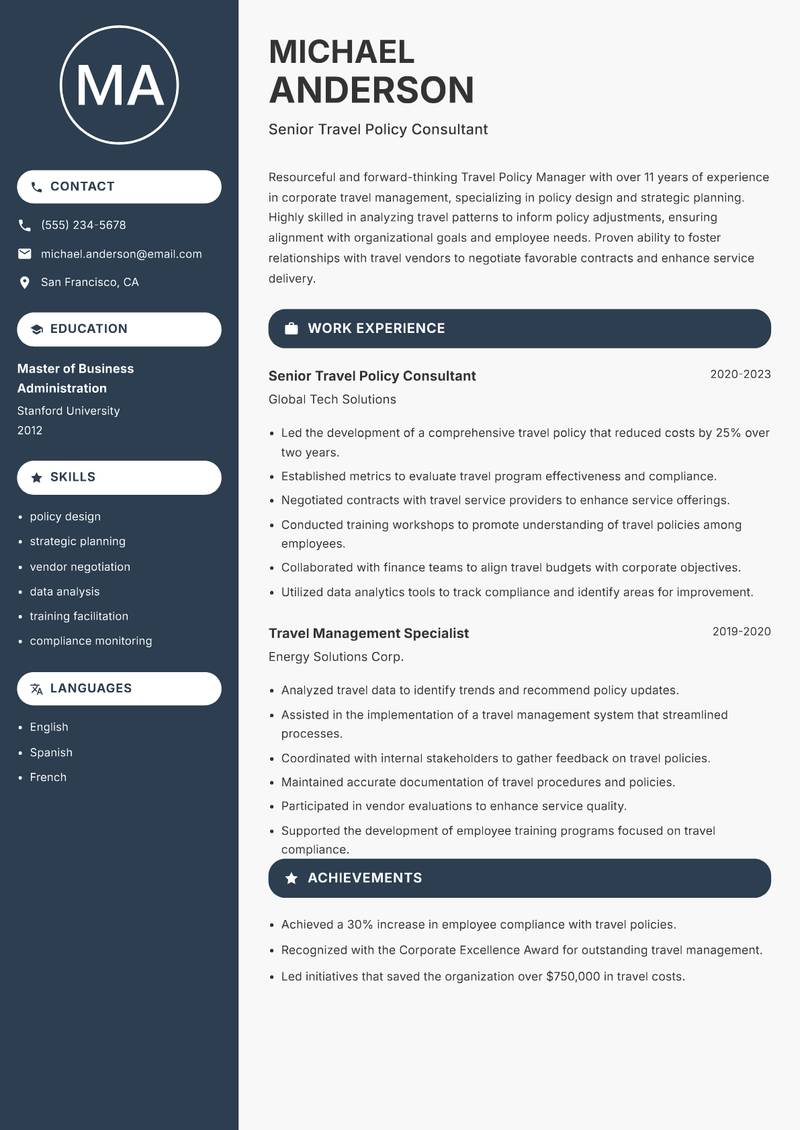 Travel Policy Manager Resume Preview Example