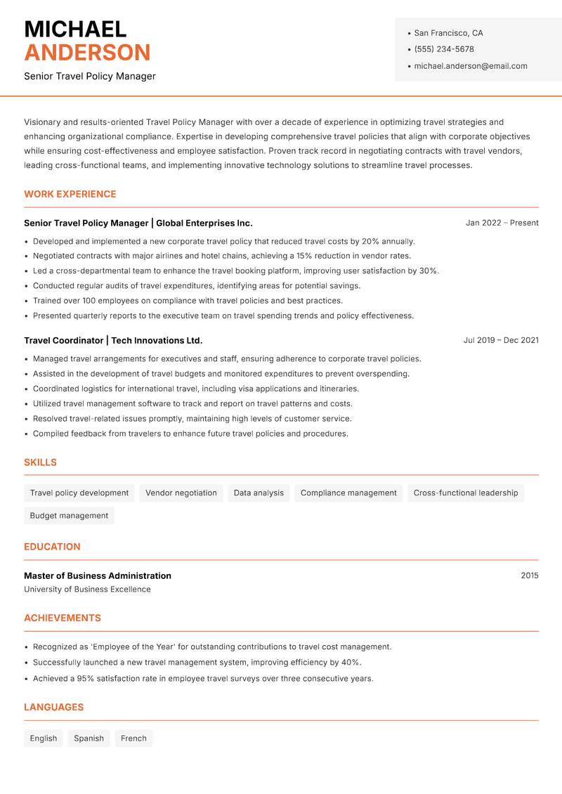 Travel Policy Manager Resume Template