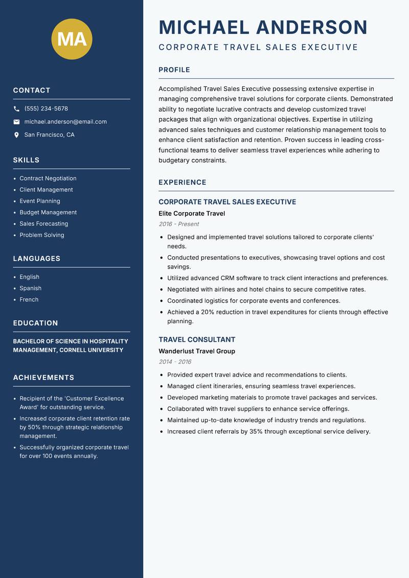 Travel Sales Executive Resume Preview Example
