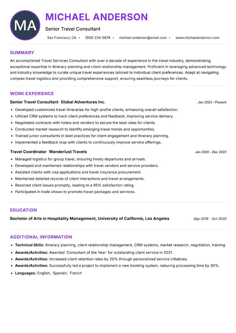 Travel Services Consultant Resume Preview Example