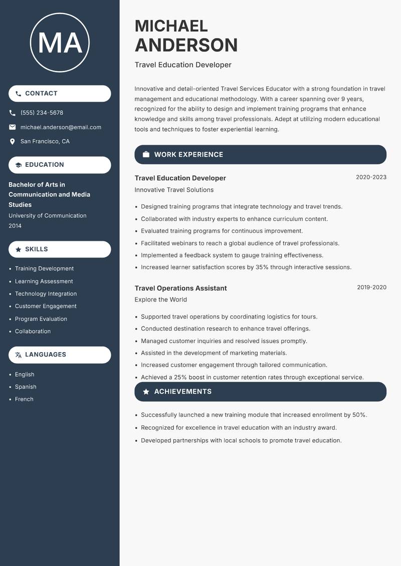 Travel Services Educator Resume Preview Example
