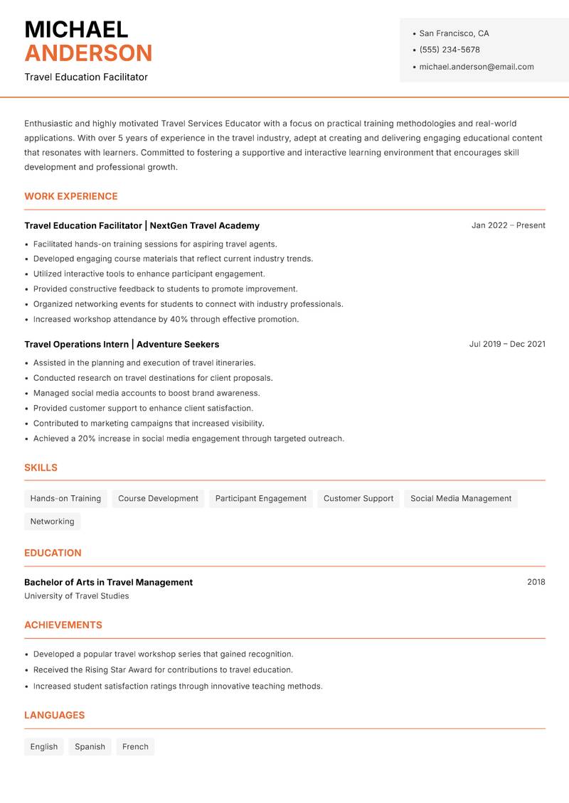 Travel Services Educator Resume Template
