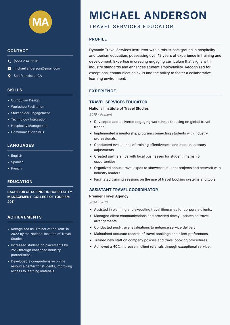 Travel Services Instructor Resume Preview Example