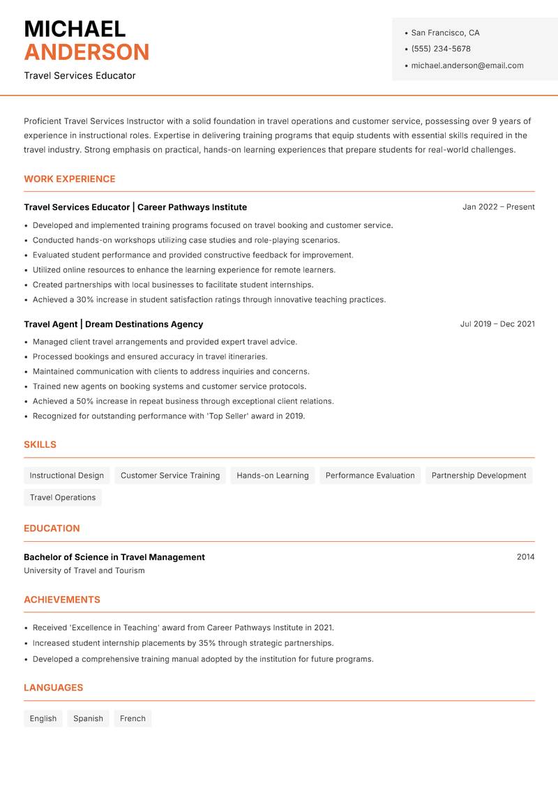 Travel Services Instructor Resume Template