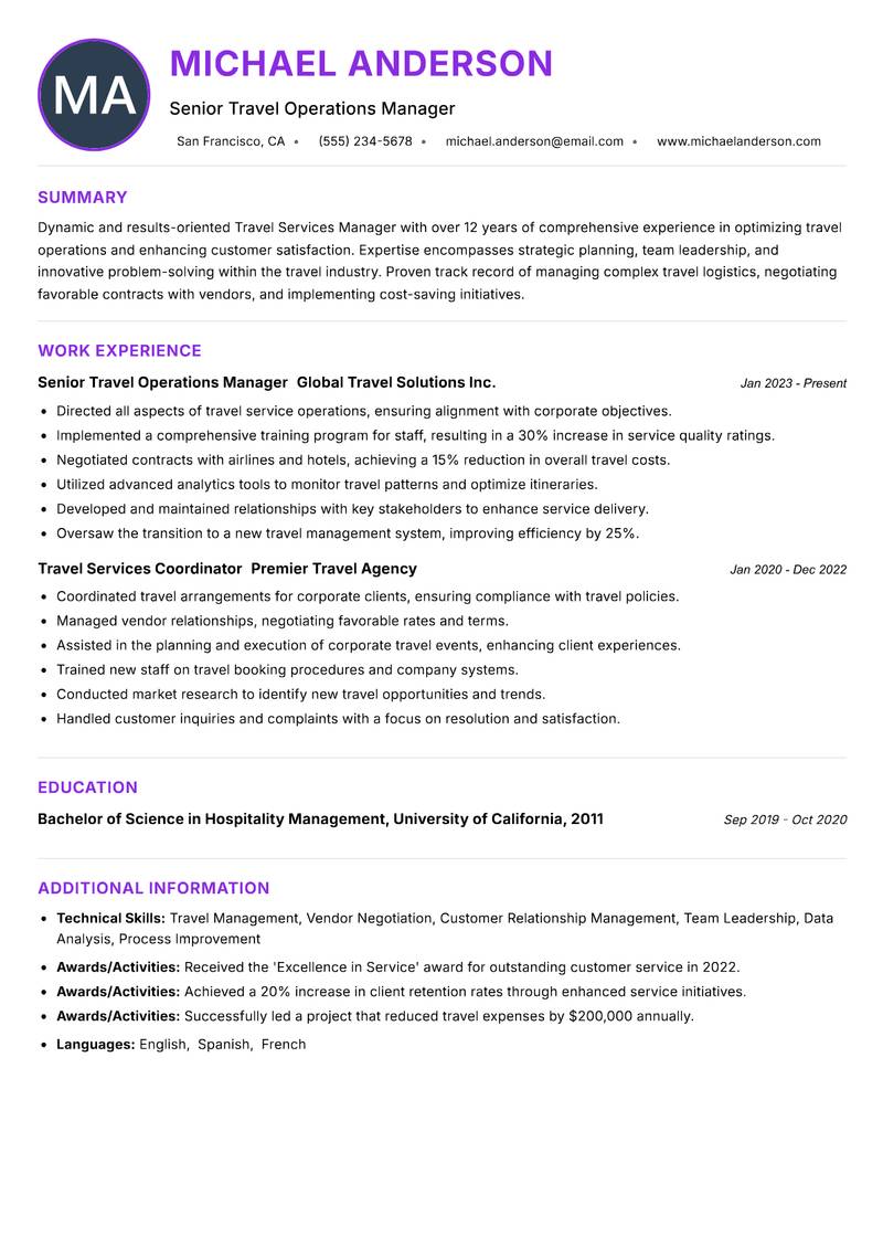 Travel Services Manager Resume Preview Example