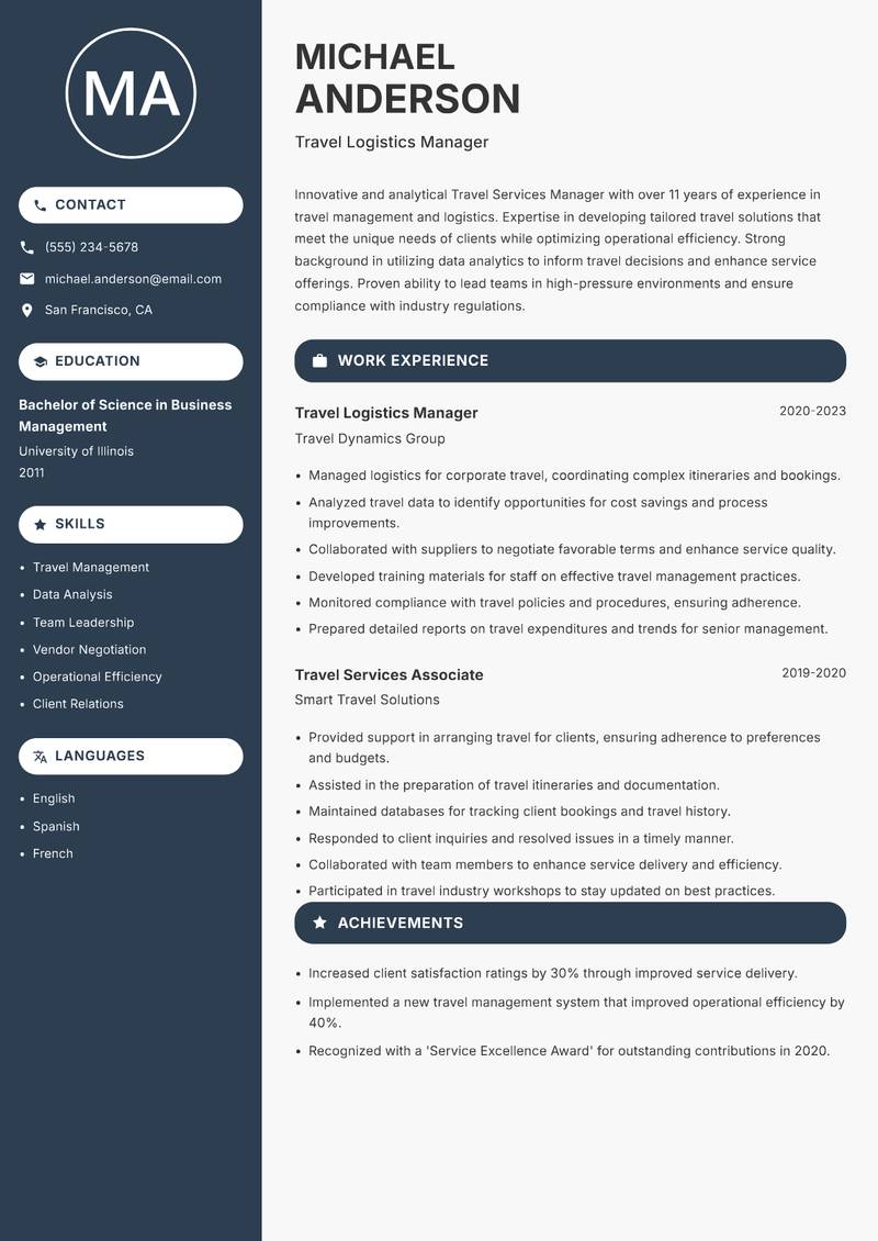 Travel Services Manager Resume Preview Example