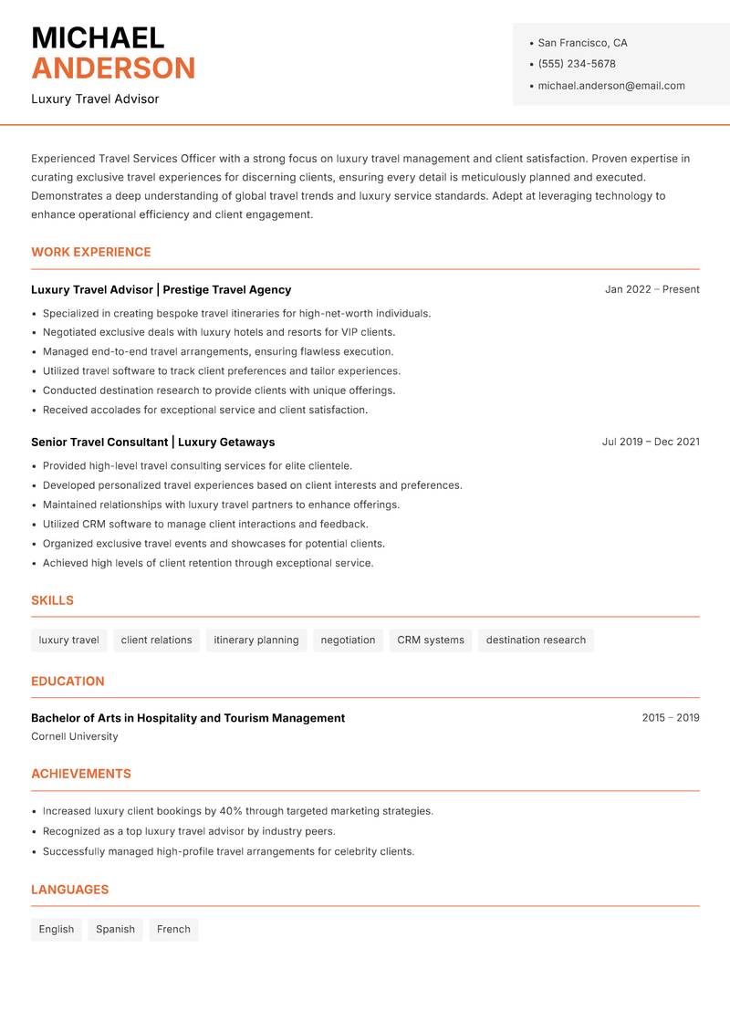 Travel Services Officer Resume Template
