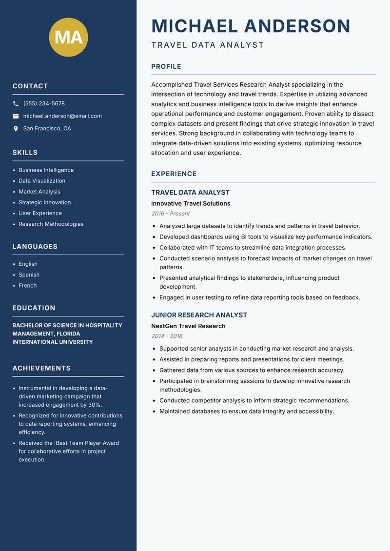 Travel Services Research Analyst Resume Preview Example