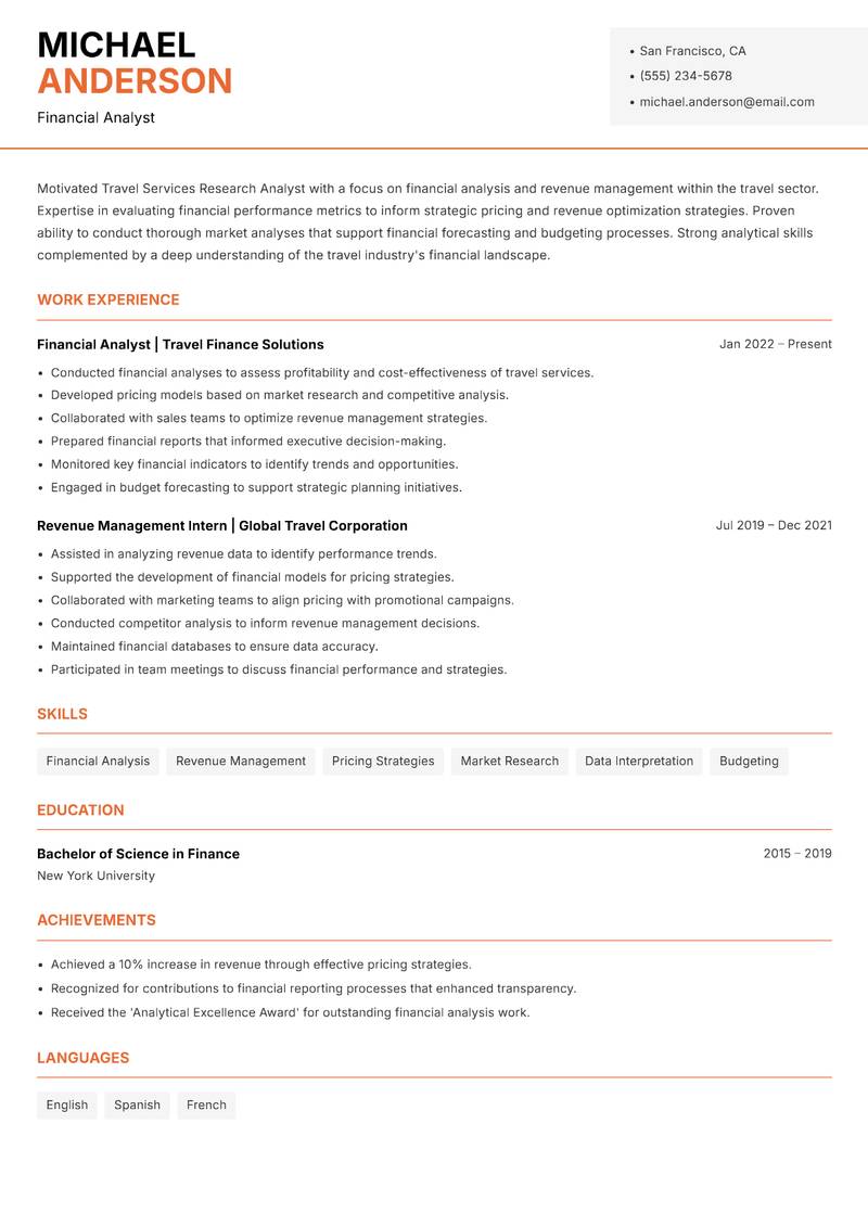 Travel Services Research Analyst Resume Template