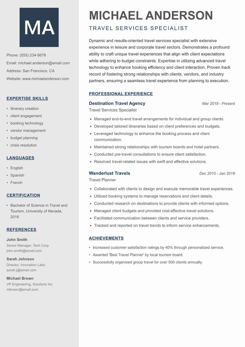 Travel Services Specialist Resume Preview Example