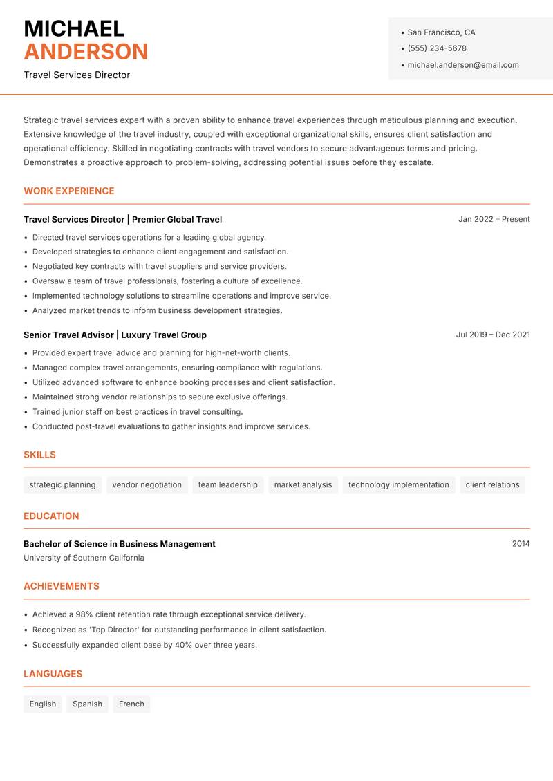 Travel Services Specialist Resume Template