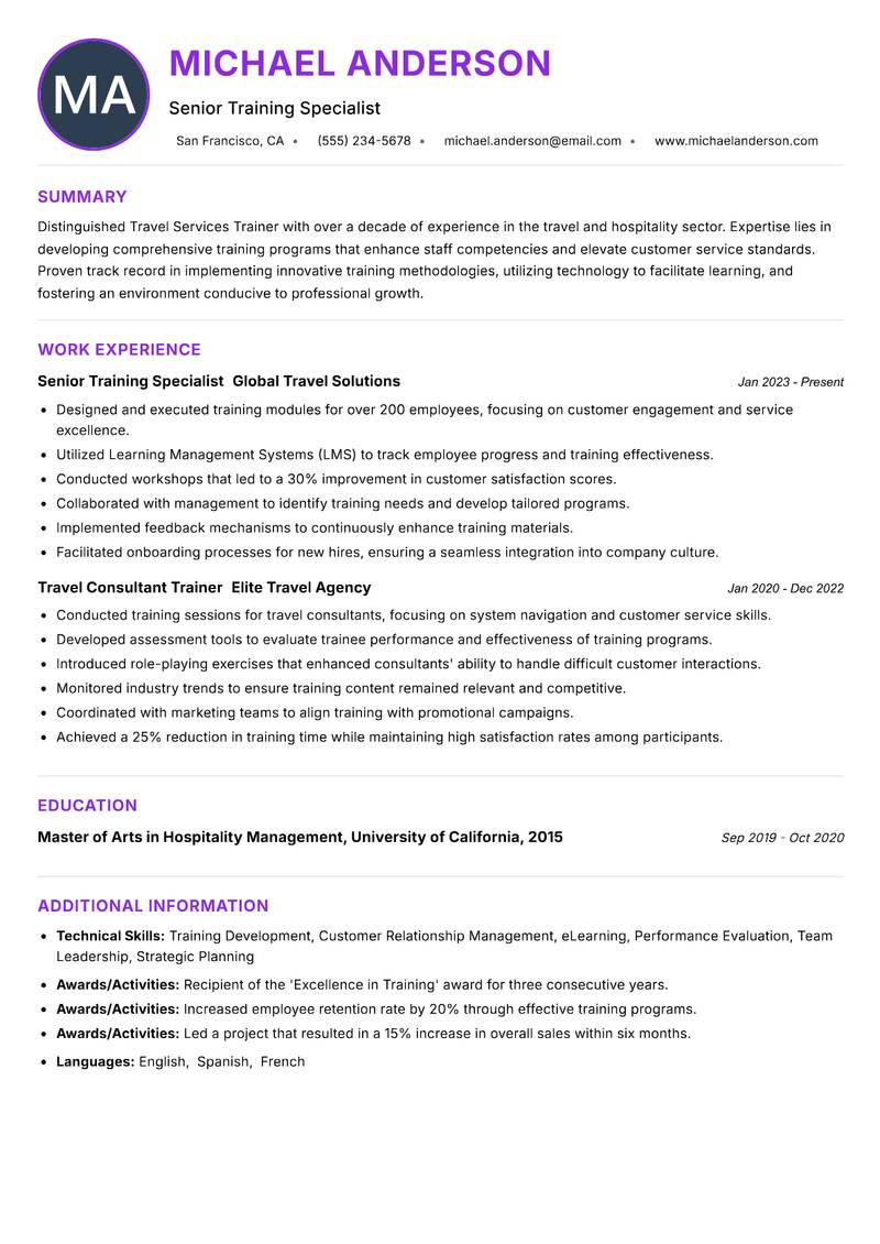 Travel Services Trainer Resume Preview Example