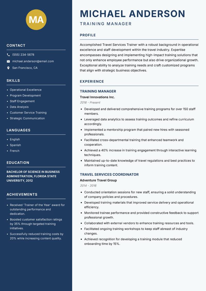 Travel Services Trainer Resume Preview Example