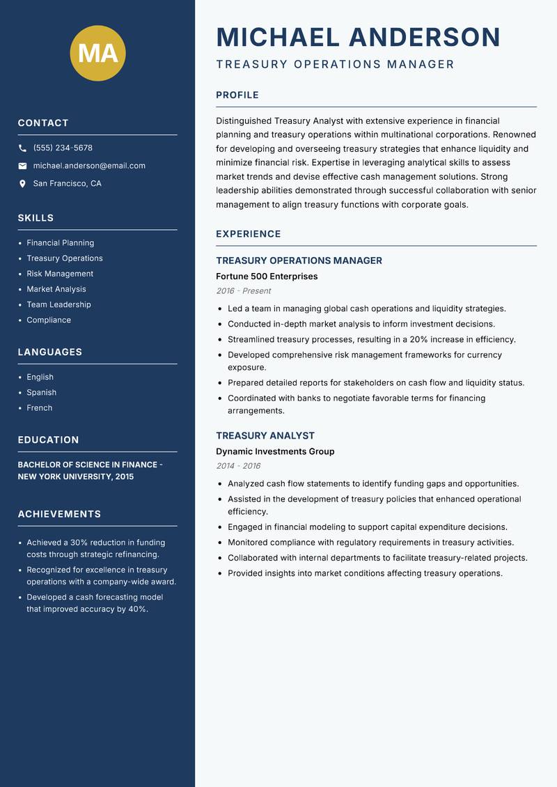Treasury Analyst Resume Preview Example