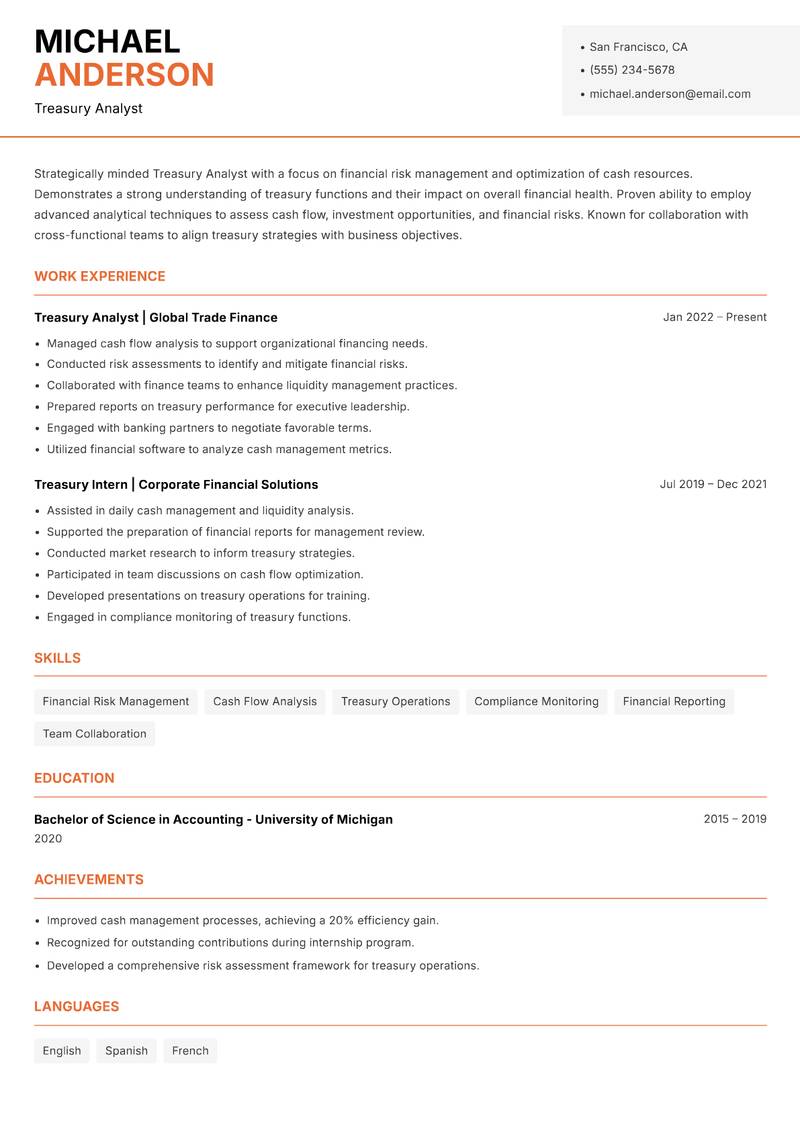 Treasury Analyst Resume Template