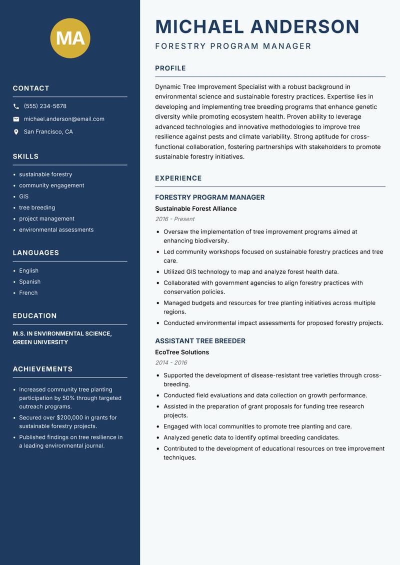 Tree Improvement Specialist Resume Preview Example