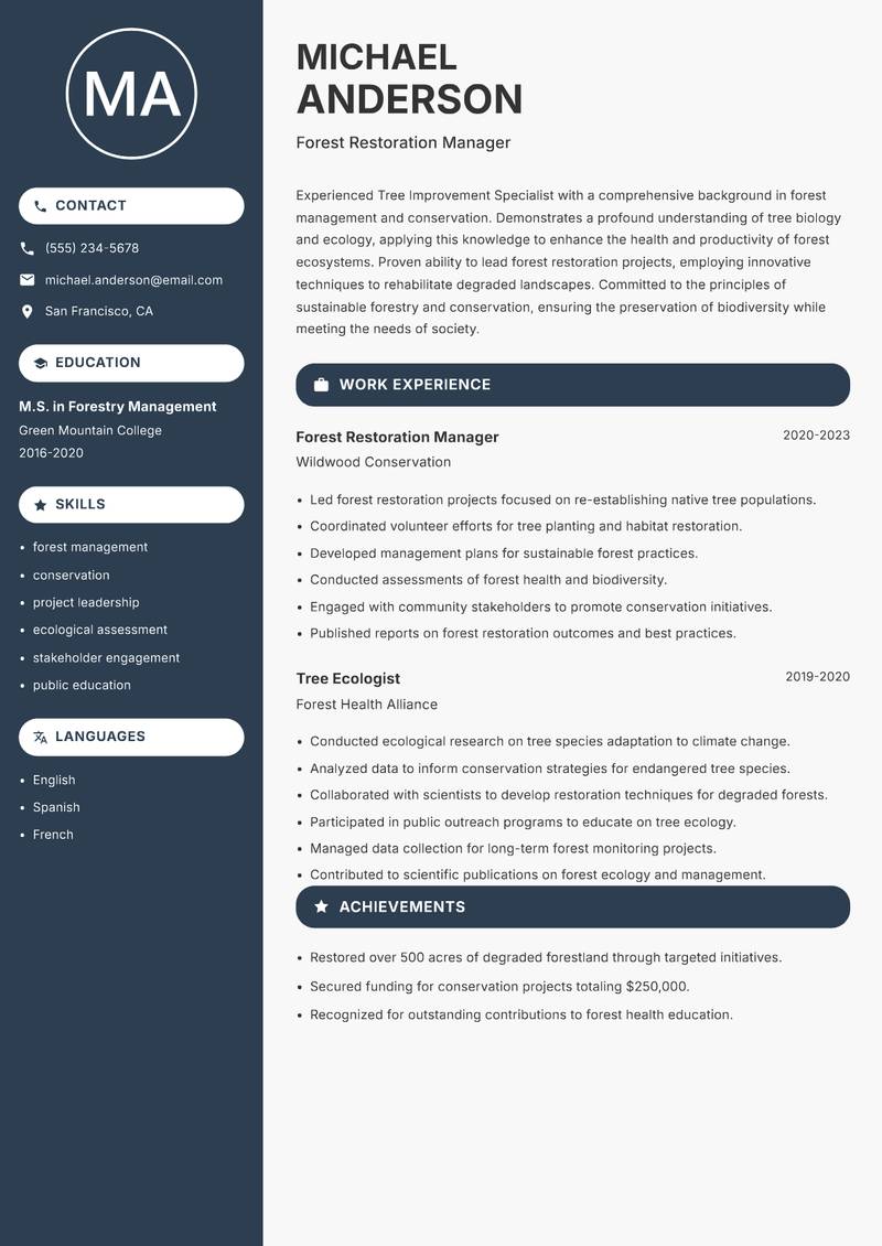 Tree Improvement Specialist Resume Preview Example