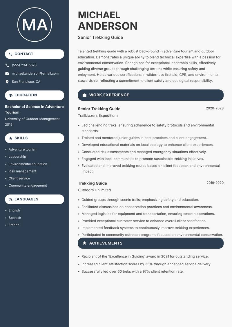 Trekking Guide Resume Preview Example