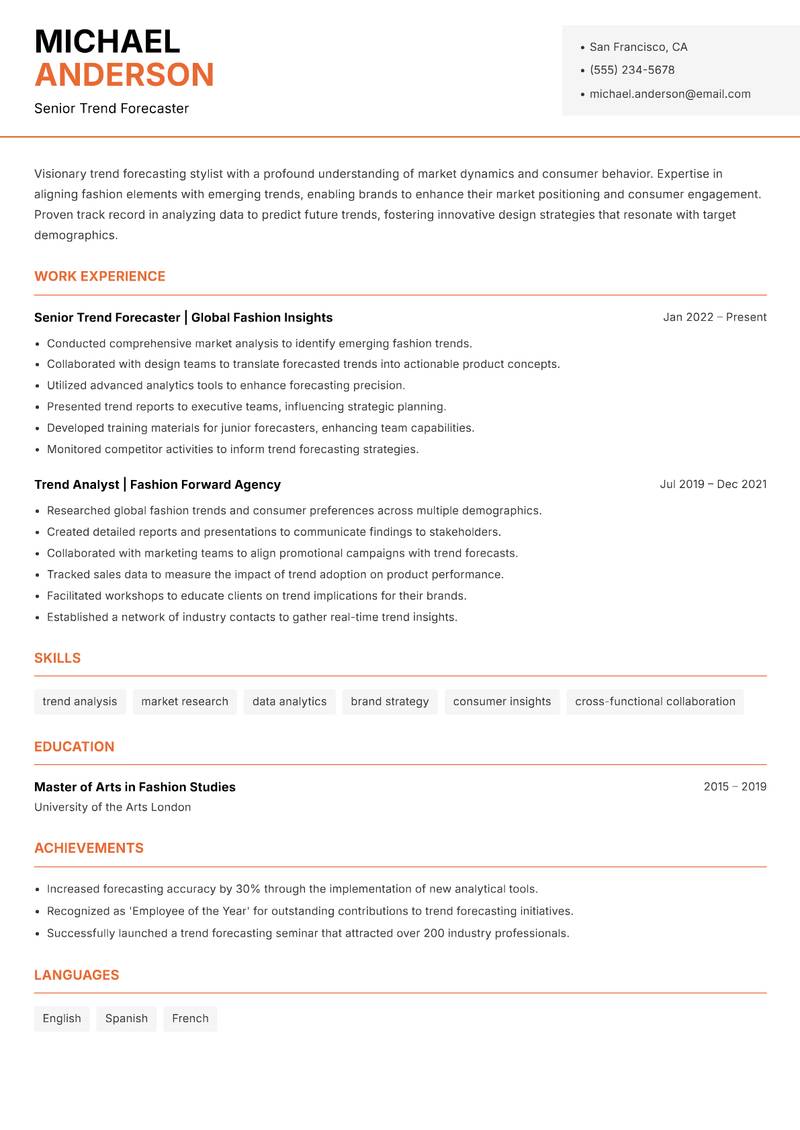 Trend Forecasting Stylist Resume Template