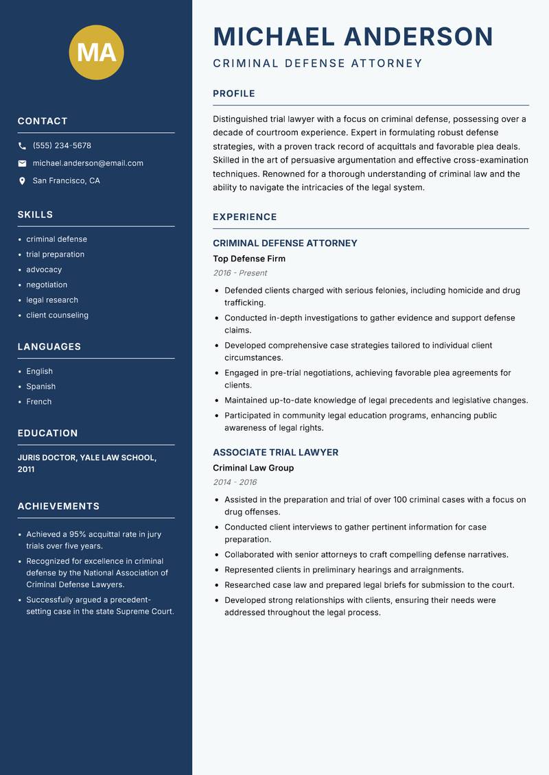 Trial Lawyer Resume Preview Example