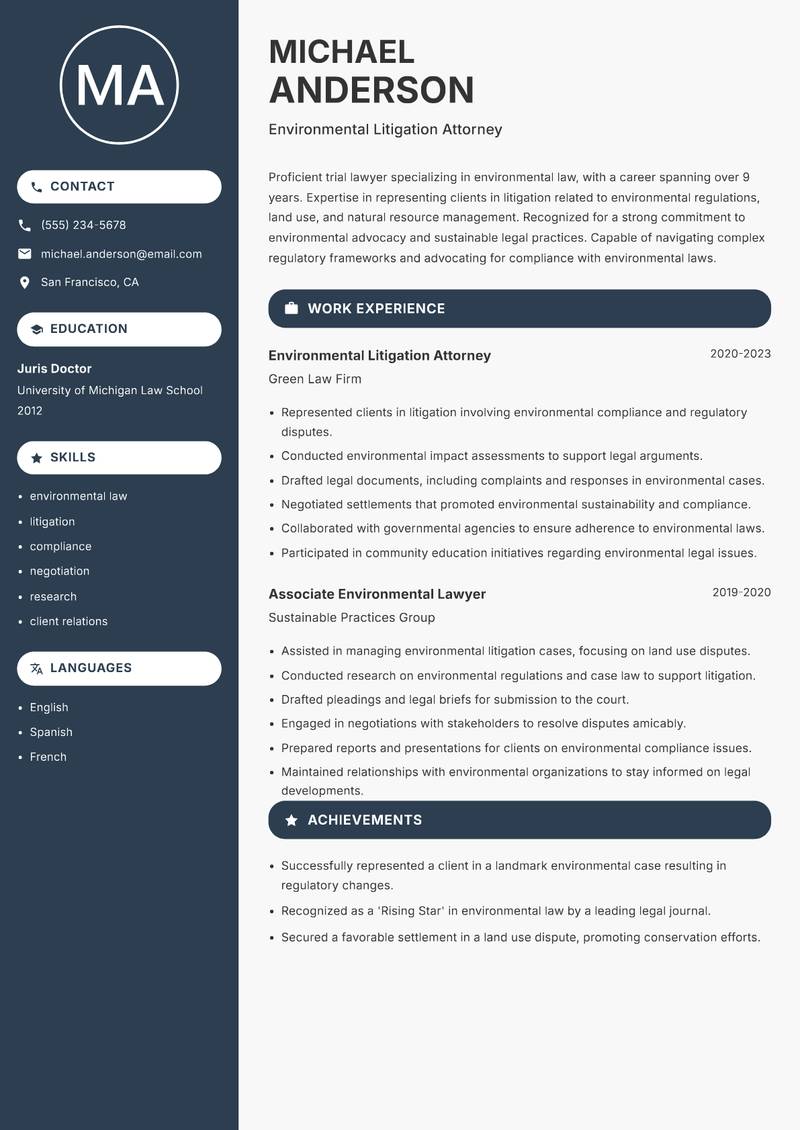 Trial Lawyer Resume Preview Example