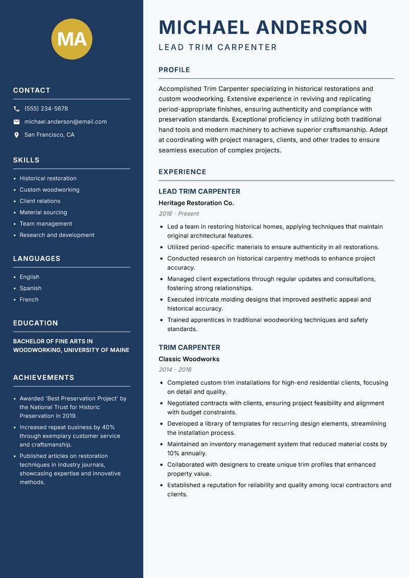 Trim Carpenter Resume Preview Example