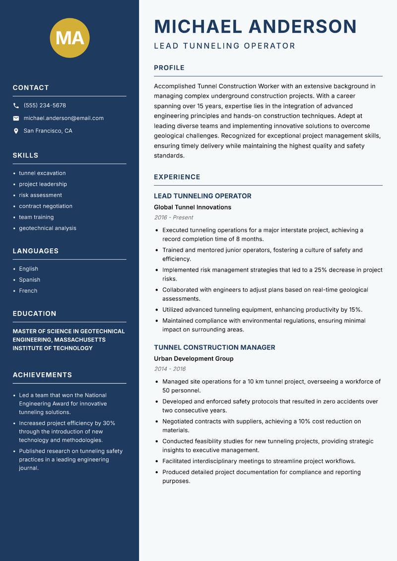 Tunnel Construction Worker Resume Preview Example