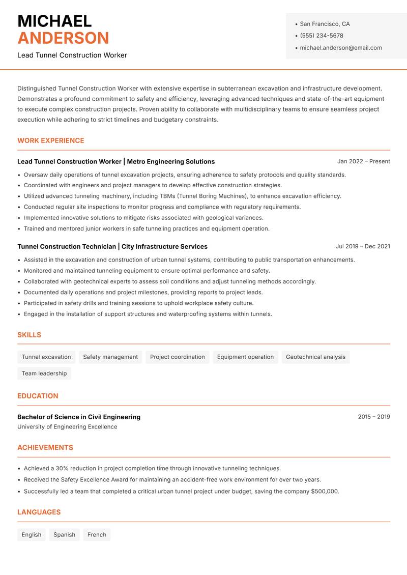 Tunnel Construction Worker Resume Template
