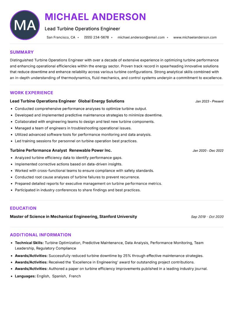Turbine Operations Engineer Resume Preview Example