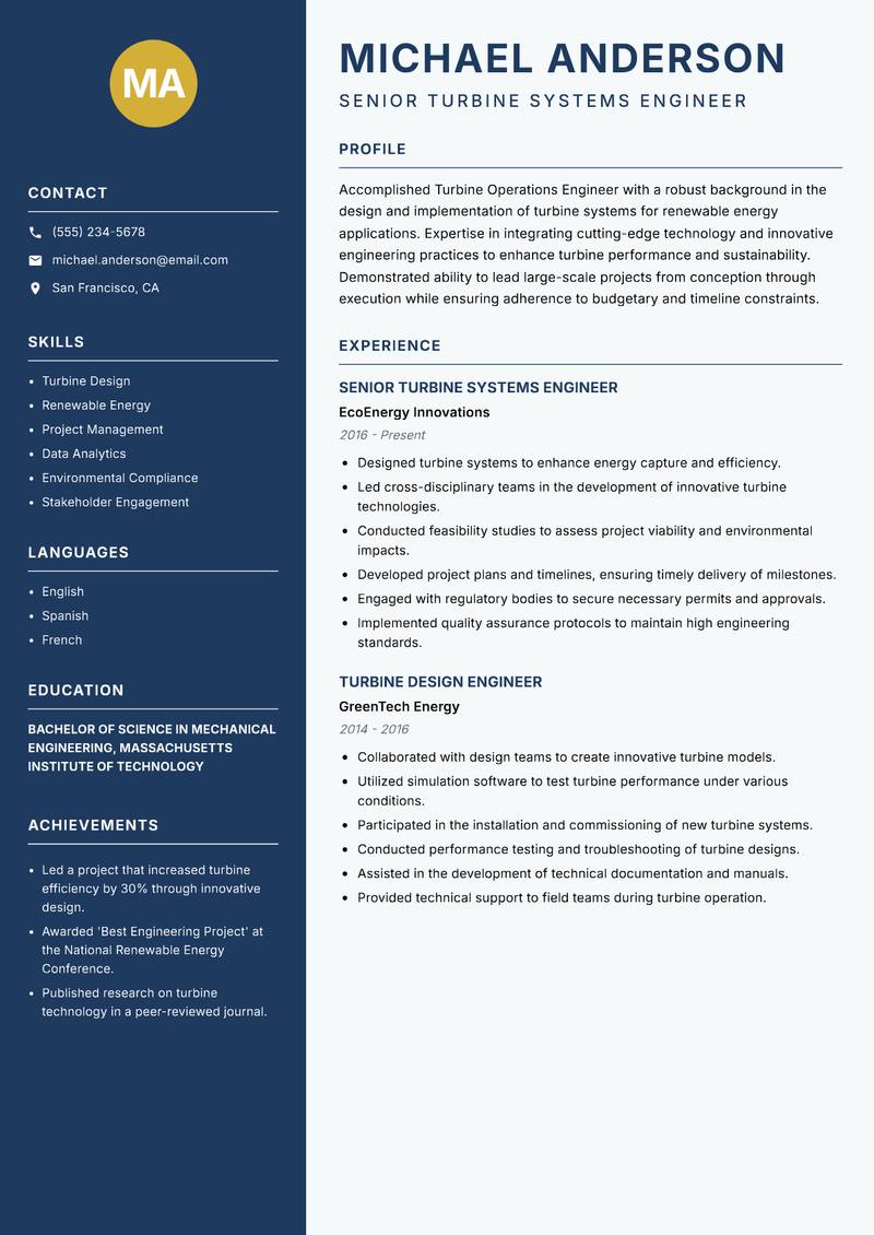 Turbine Operations Engineer Resume Preview Example