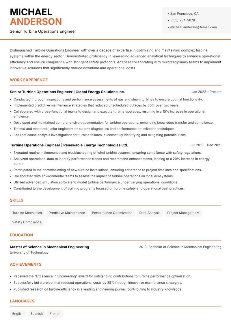Turbine Operations Engineer Resume Template