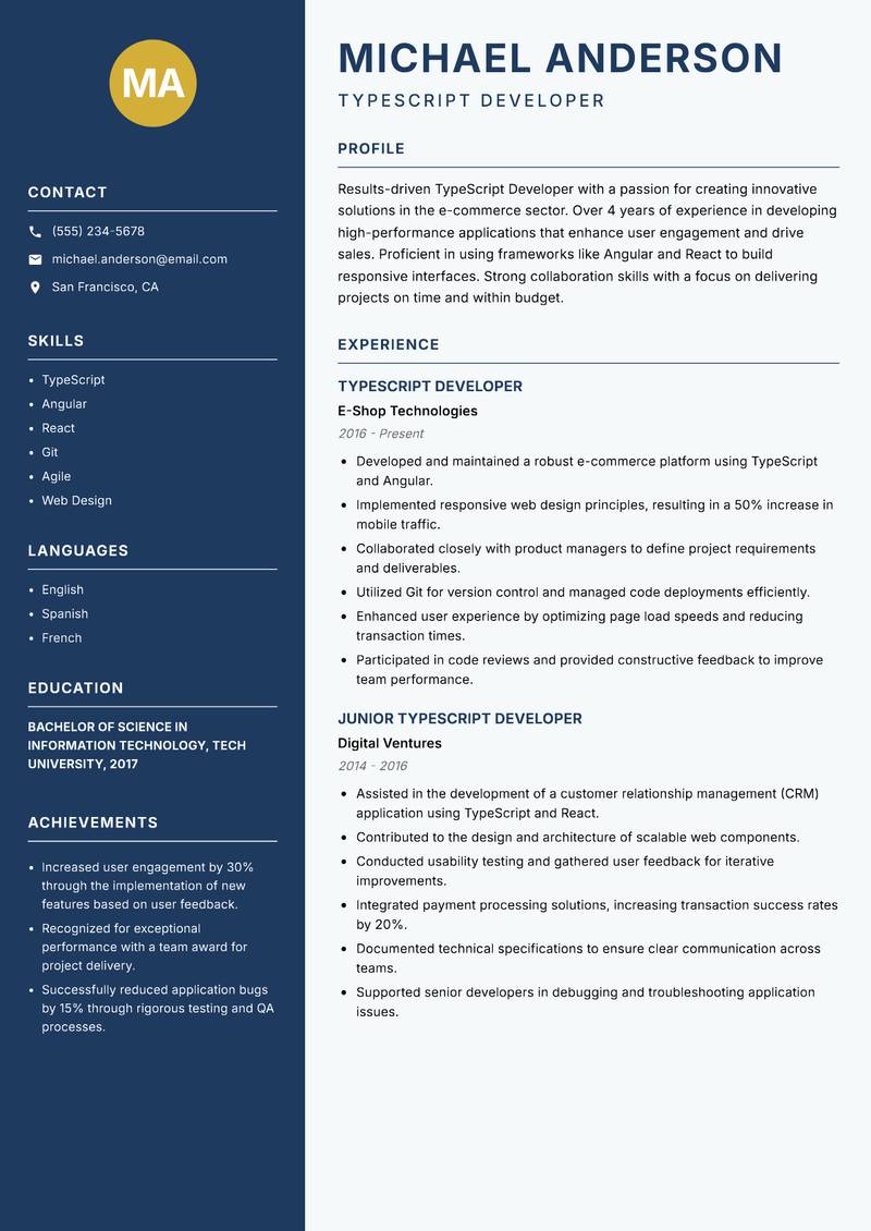 TypeScript Developer Resume Preview Example