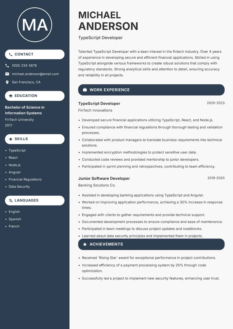 TypeScript Developer Resume Preview Example